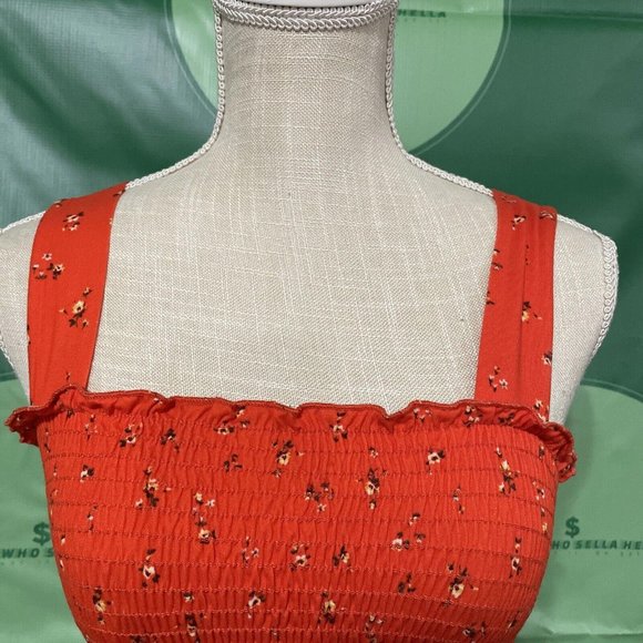 URBAN OUTFITTERS sleeveless smocked cropped ditsy top in ORANGE FLORAL sz S-VGUC - Picture 3 of 9